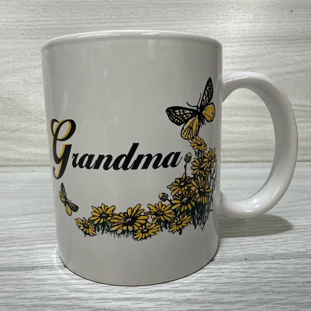 Ceramic Grandma Mug w/ Yellow Flowers & Butterflies Poem Vintage 3.25x3.75"